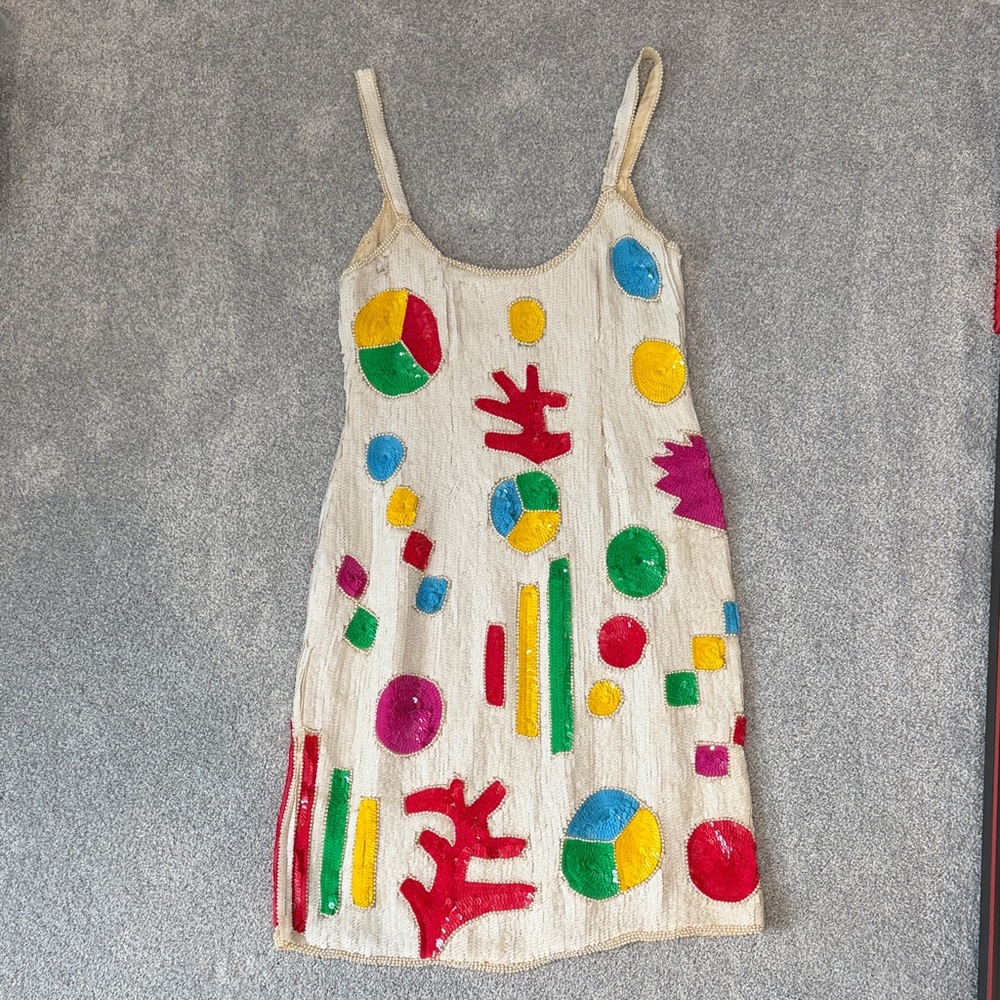 Rare Vintage Cream Sequin Strap Slip Dress with Colorful Geometric Appliqués